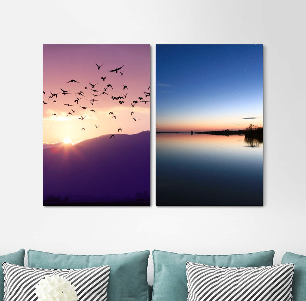 2-tlg. Leinwandbilder-Set - Grafikdruck „Mountains Birds Flying Horizon Sea Sunset Flock of Birds”