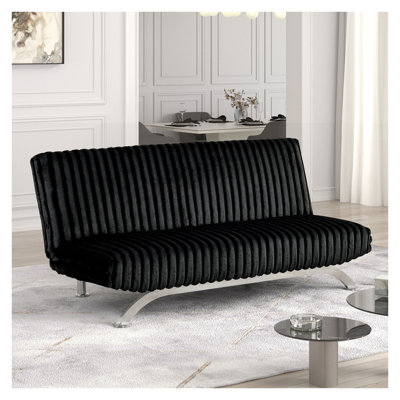 Contemporary Black Futon Sofa Bed with Chrome Metal Base and Engineered Wood Frame