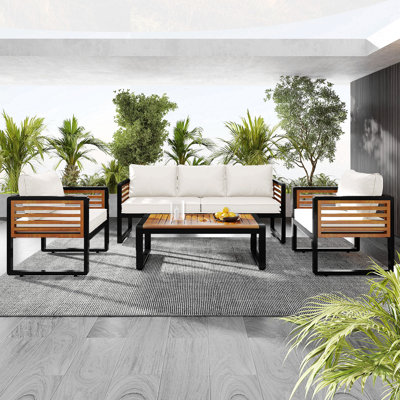Ensemble de conversation pour grand canapé 4 pièces pour 5 personnes, ensemble de canapé de jardin avec coussin amovible, ensemble de canapé à structure en métal et bois, coussins épais, plateau de table en bois d'acacia