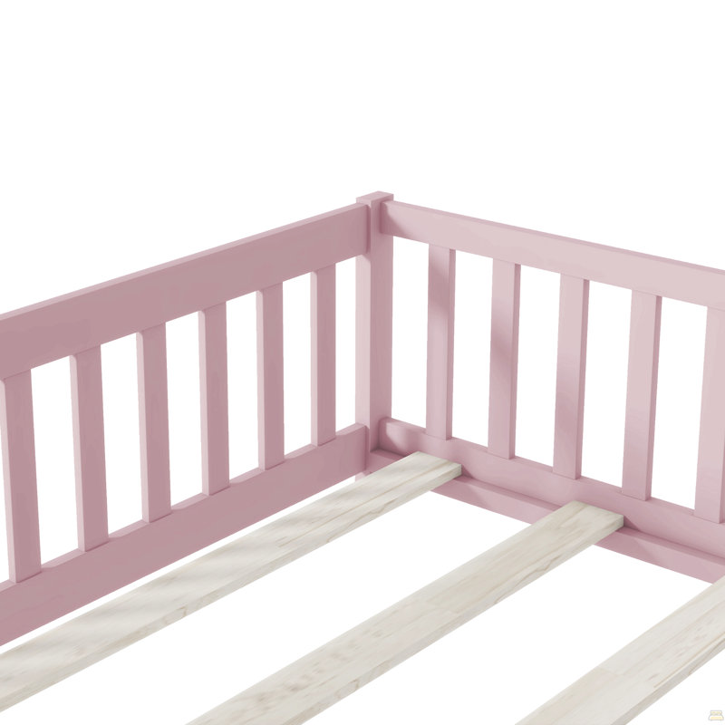 Lit double pleine grandeur avec clôture et porte, lit en bois d'hévéa, Full, Pink