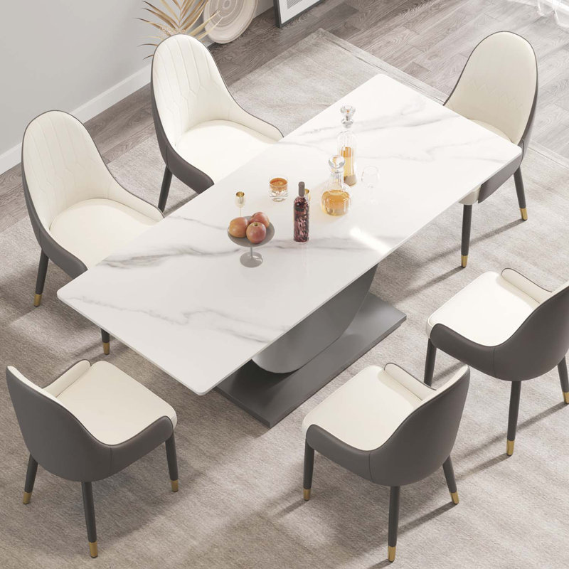 Kentrez Stone Top Metal Base Dining Table, 35.43" W x 78.74" L, White