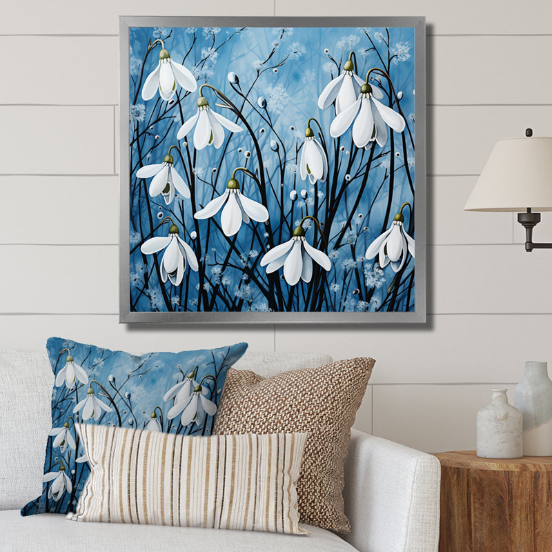 Minimalisme bleu et blanc fleur de neige encadrée sur toile, H 30 po x l 30 po x P 1 po, Cadre simple argenté