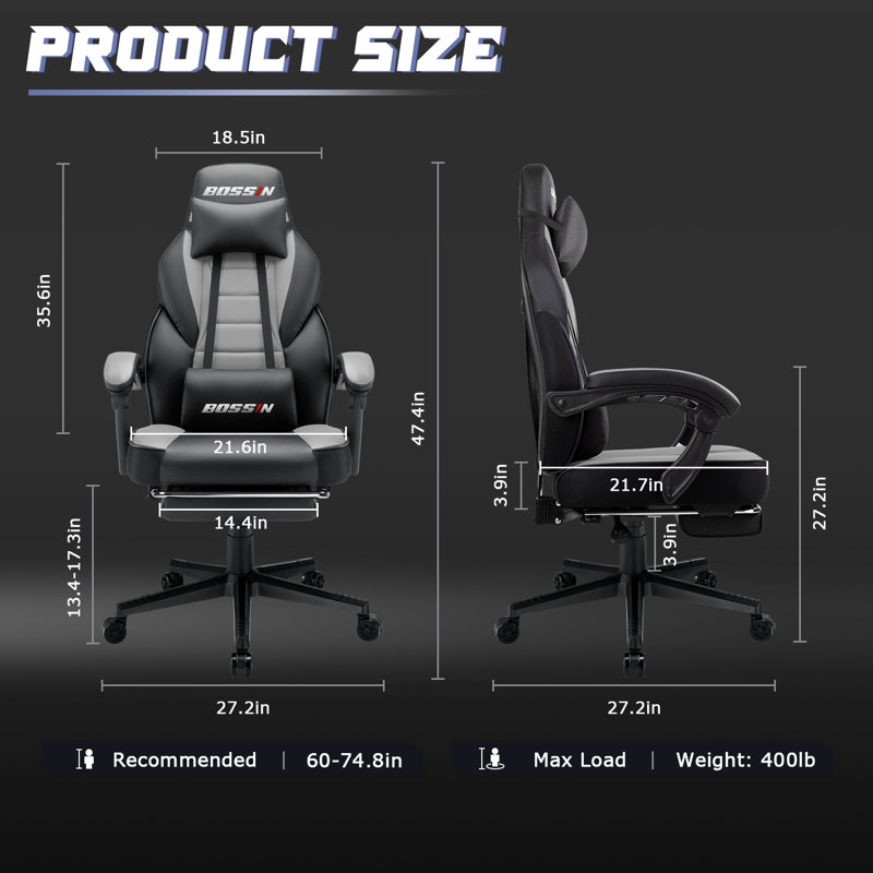 BOSSIN Gaming Chairs with Footrest, Ergonomic Computer Game Chairs with Lumbar Support, Gray/Black