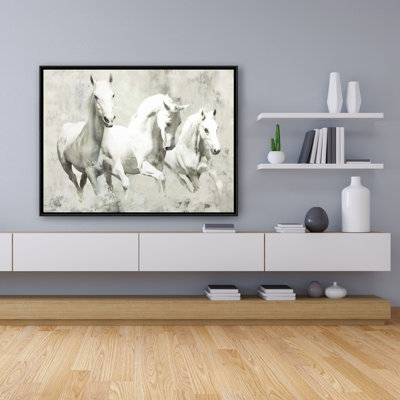Trois chevaux blancs qui courent sur toile