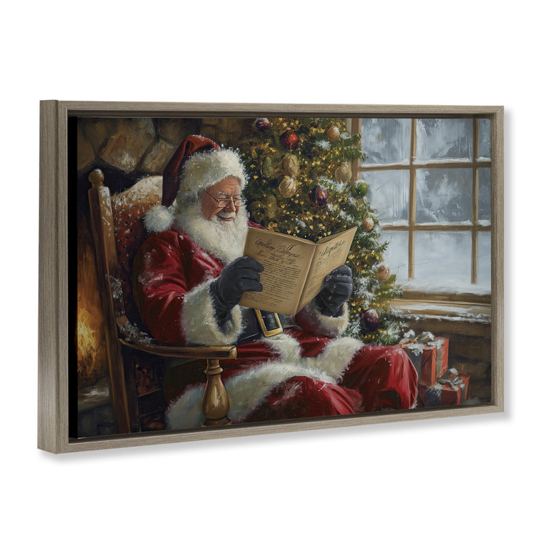 «Cheerful Santa Reading Canvas» par Imagine It Images, Cadre flottant orme Montalcino, H 17 po x l 25 po
