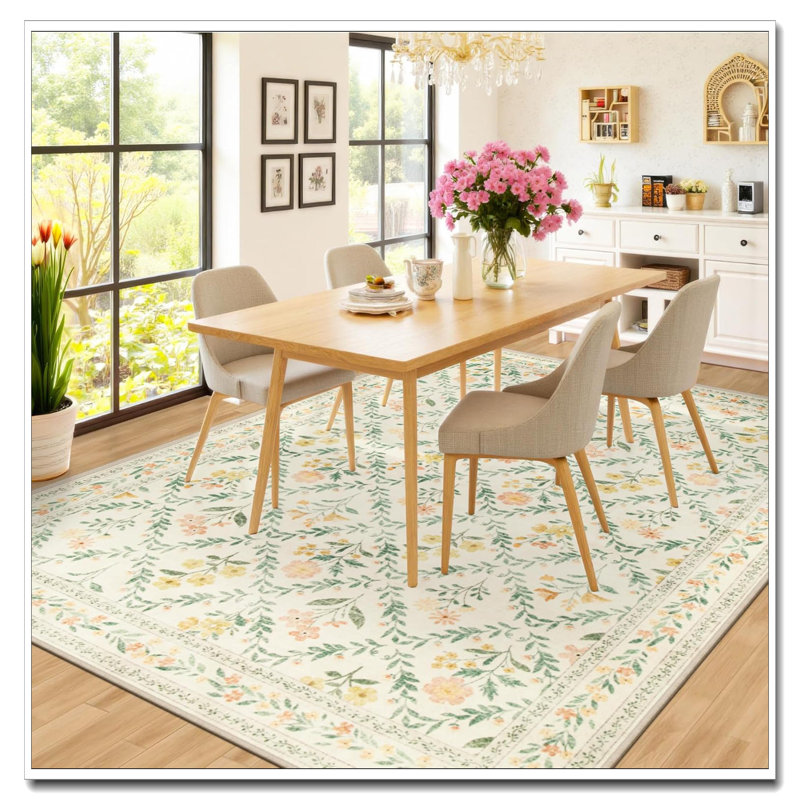 10X12 Area Rugs For Living Room, Beige/Multi Floral Washable Vintage Boho Rug,  Soft Low Pile Non-Slip Carpet, Stain Resistant Rug For Bedroom Dining Room Farmhouse Nursery Hallway Home Office