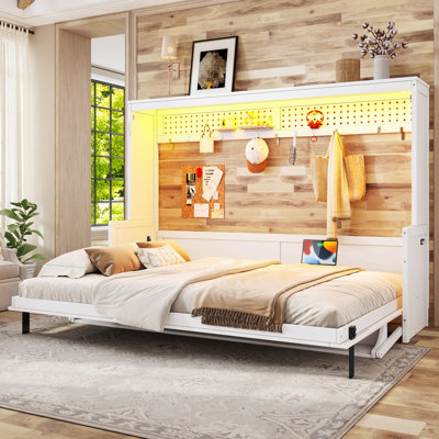 Queen Murphy Bed With Desk, Led Lights & Charging Station, No Spring Box Need Space Saving Wall Cabinet Bed