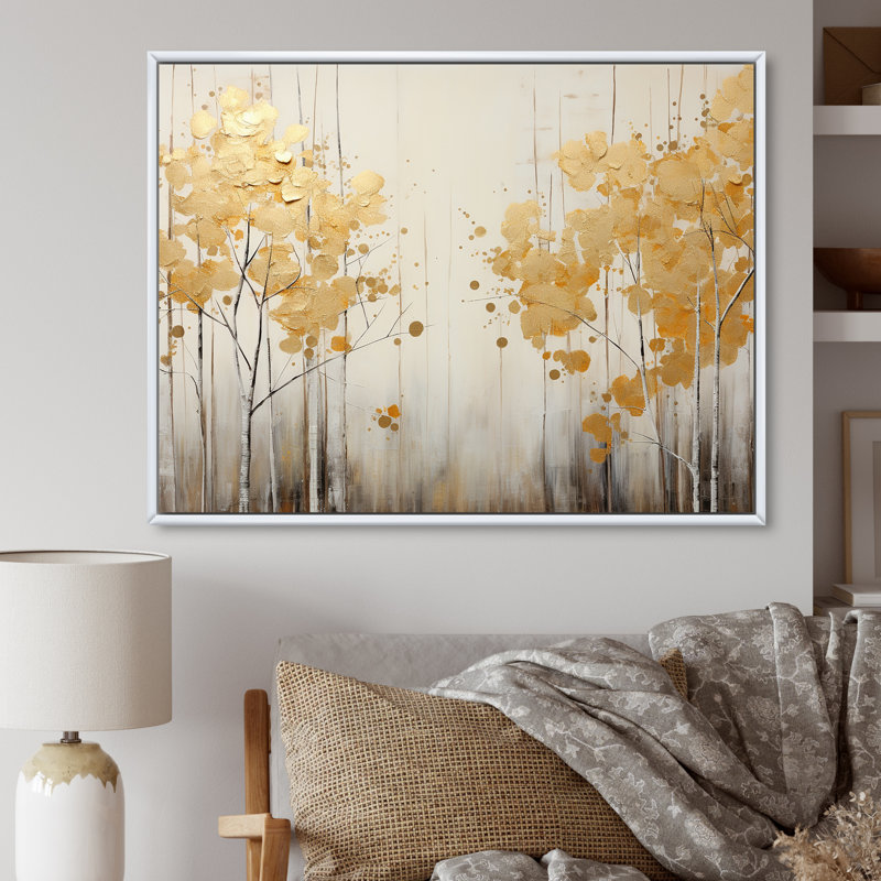 «Minimalisme blanc et or forêt I», art sur toile, H 16 po x l 32 po x P 1 po, Cadre flottant blanc
