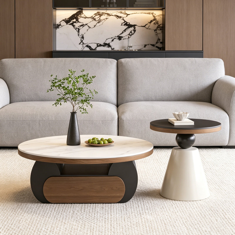 Ensemble de tables basses rondes en ardoise avec rangement pour le salon