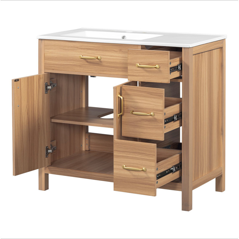 Meuble-lavabo de 36 po en bois avec cadre en bois massif, 2 portes à fermeture douce, 3 tiroirs à fermeture douce, tablette réglable, armoire de rangement moderne pour petites salles de bain