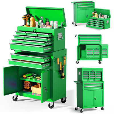 10-Drawers Rolling Tool Chest, 2 in 1 Lockable Tool Box with Drawers, High-Capacity Mechanic Tool Organizer, Adjustable Shelf & Detachable Top Cabinet for Workshop Garage
