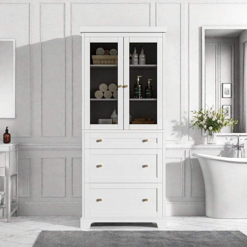 Modern High Freestanding Tall Bathroom Cabinet With 2 Adjustable Shelves, 3 Drawers And Soft Close Glass Doors, White