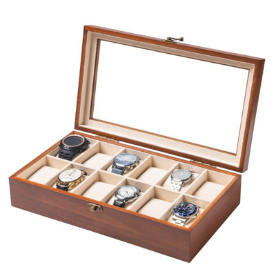 Boîte à montre, boîte à montre pour homme avec grand couvercle en verre, boîte de rangement en bois avec 12 fentes, boîte à montre pour homme en noyer
