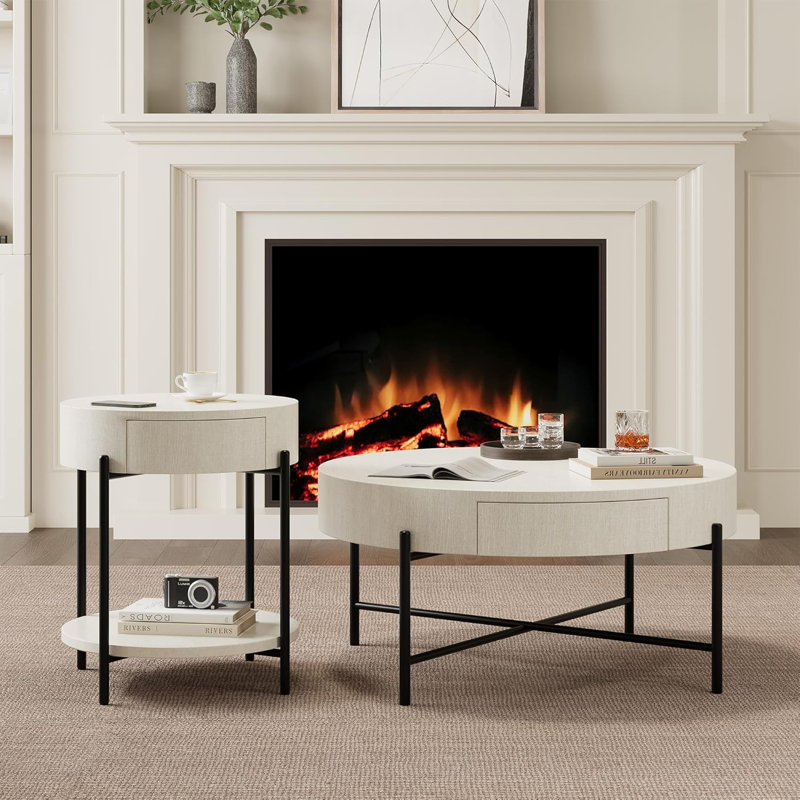 Coffee Table With Drawers Round Center Table, Natural
