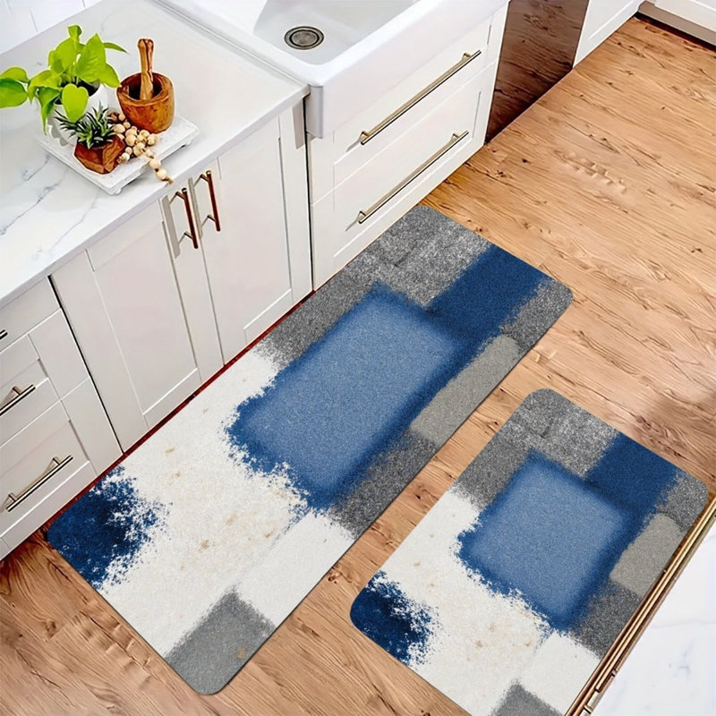 Tapis de cuisine antidérapants carrés bleu gris et 2 pièces, Bleu / gris / blanc abstrait