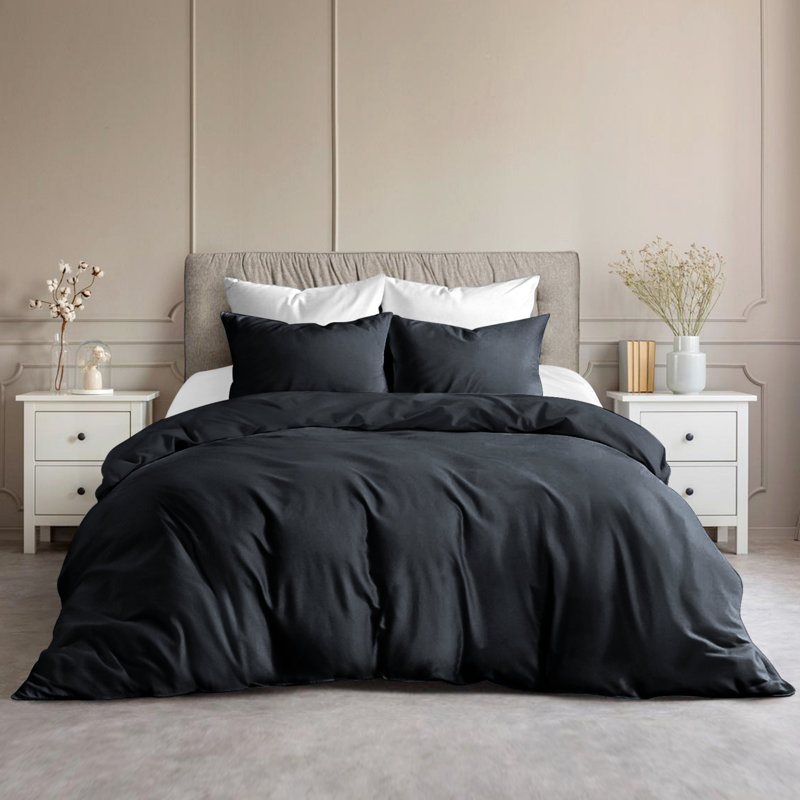 Plain Microfibre Reversible Contemporary Luxury Quilt Duvet Cover with Pillow Cases, Black