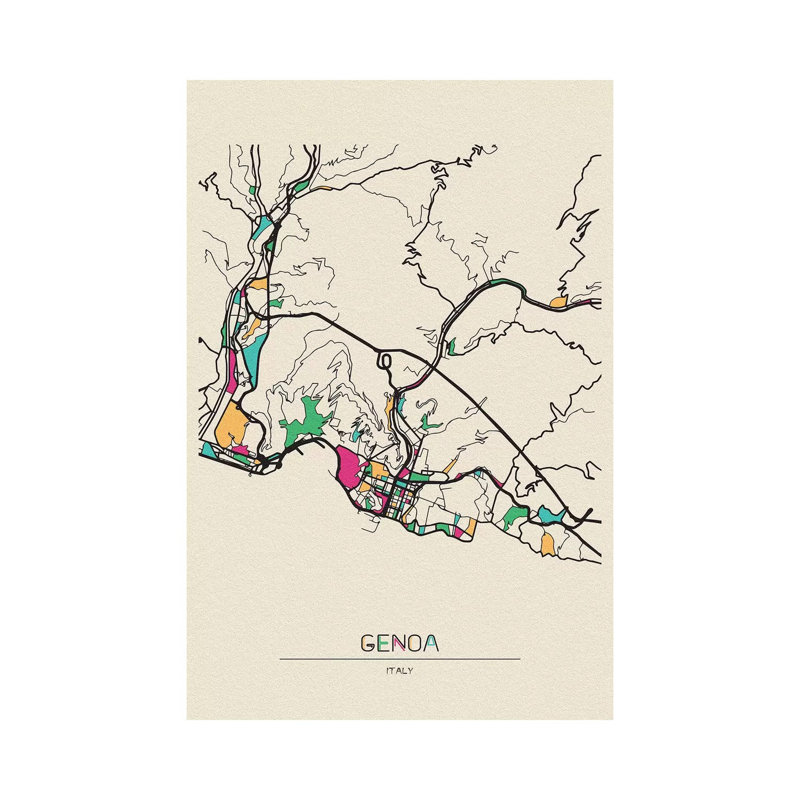 «Genoa, Italy Map» par Ayse Deniz Akerman - impression sur toile tendue, H 12 po x l 8 po x P 0,75 po