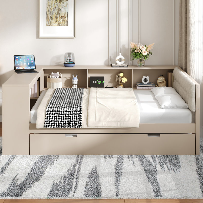  Lit plateforme double en bois avec lit gigogne, station de charge et tête de lit tapissier, crème, Cream, Lit double