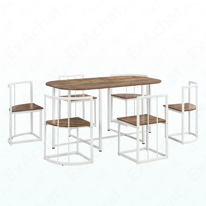 Ensemble de table de salle à manger moderne de 7 pièces avec table de cuisine compacte en faux marbre 55 pouces pour 6 personnes, blanc et cerisier