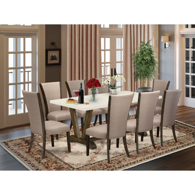 9-Pc Mid Century Table Set Contains a Linen White Kitchen Table and 8 Brown Linen Fabric Dinner Chairs with High Back - Distressed Jacobean Finish