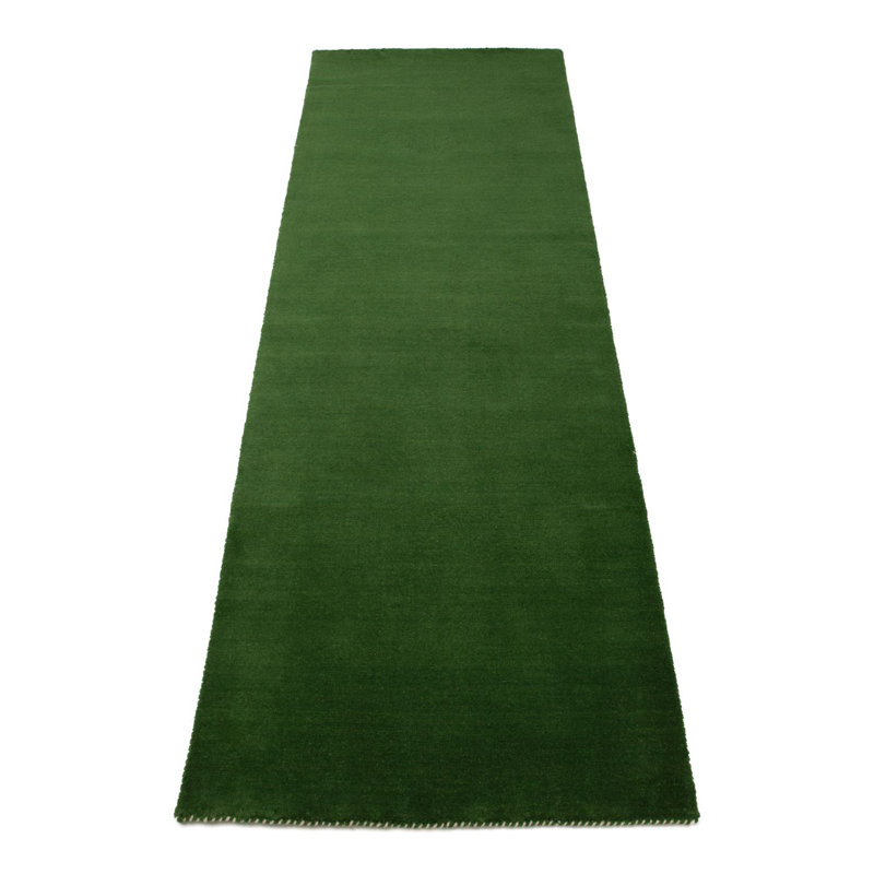 Solid Colour Wool Hand Woven Area Rug, Green, Runners 80 x 300 cm