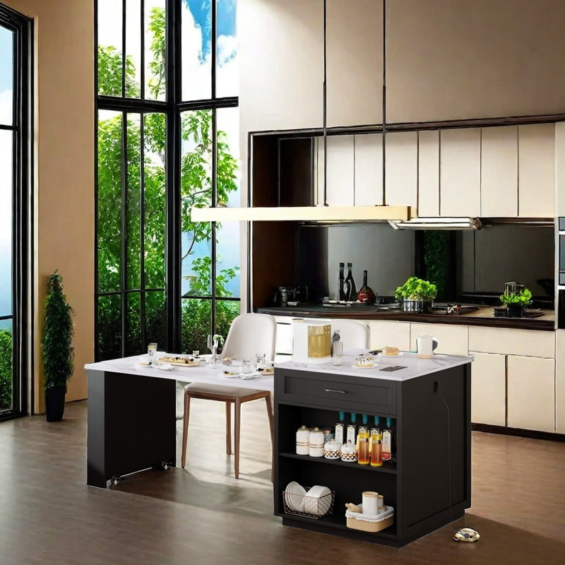 Multifunctional Kitchen Island With Extendable Table, Built-In Power Outlet, And Adjustable Shelves For Small Kitchens, Black