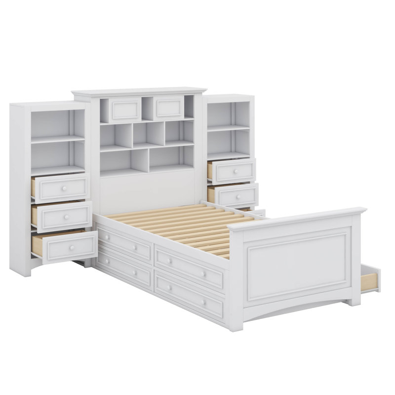Lit plateforme simple en bois avec armoire verticale tout-en-un et 4 tiroirs de chaque côté, Blanc