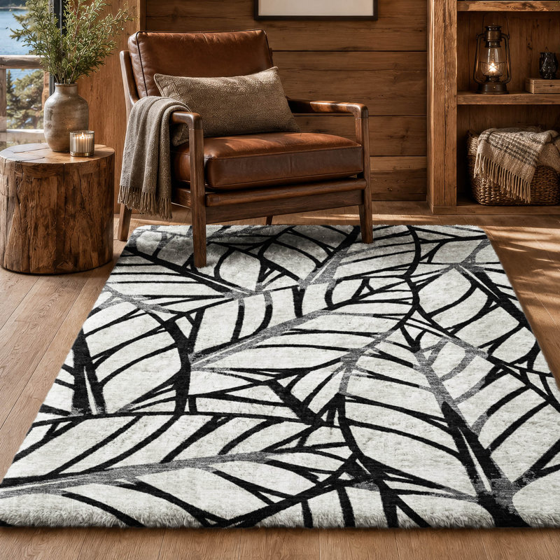 Tapis Dream Shag ADS744 de qualité supérieure, lavable à la machine et à motif floral, Noir, 5' x 7'6"