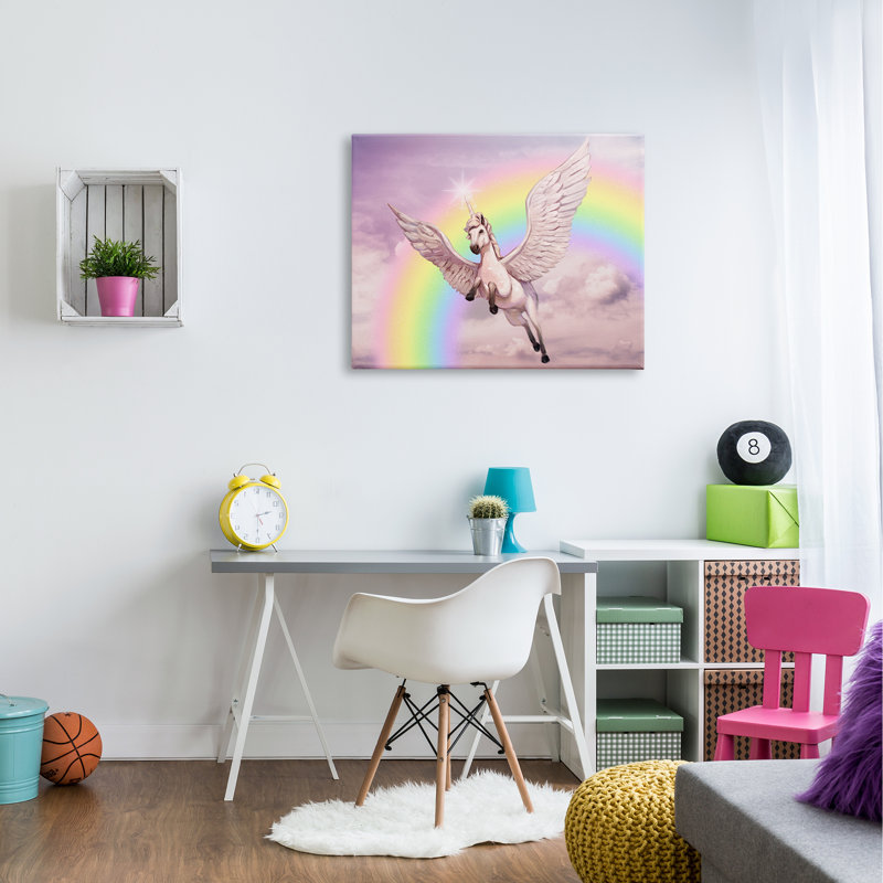 Licorne volant des nuages duveteux arc-en-ciel rose par Ziwei Li - impression, H 30 po x l 40 po, Toile tendue