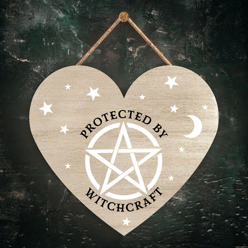 Protected by Witchcraft Wooden Heart Plaque, Brown, 10cm H x 9cm W x 0.5cm D