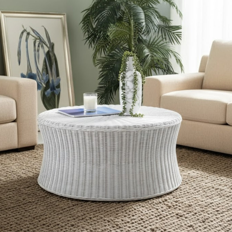Modern Tillerson Natural Rattan Coffee Table – 32.5" Square Transitional Nautical Style with Storage, White