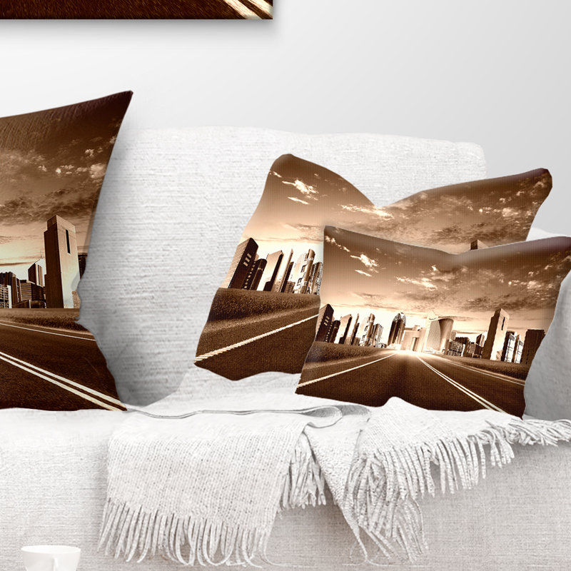 Modern Cityscape Rectangular Brown and Beige Throw Pillow