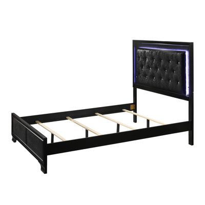 Lit double de style moderne avec tête de lit tapissier et lattes en cristal noir à DEL