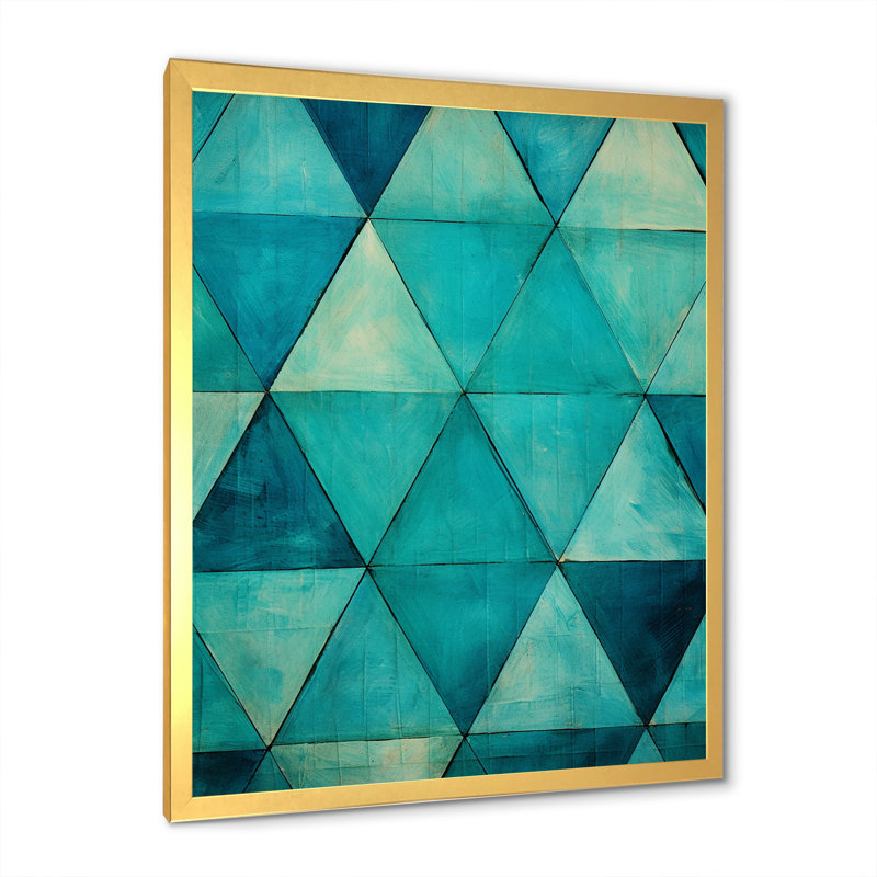 Triangles turquoise sur toile, H 32 po x l 16 po x P 1 po, Cadre doré simple
