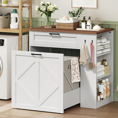 Pull-Out Laundry Hamper Cabinet with 2×11 Gallon Baskets, Laundry Basket Cabinet with Adjustable Shelves, Hooks, Drawer