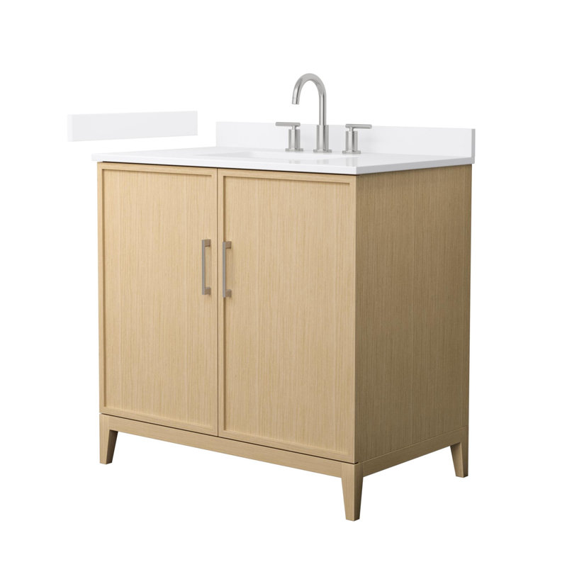 Ensemble de meuble-lavabo simple 36 po avec plateau en quartz Elan, Brun clair, Nickel brossé, Centre de 8 po
