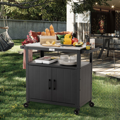 Feasto Outdoor Grill Cart with Stainless Steel Tabletop and Storage Cabinet, Movable Kitchen Island with Wheels for BBQ Food Prep