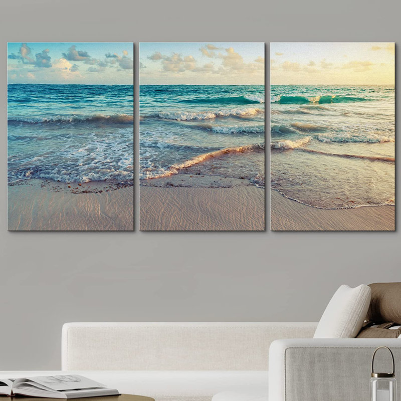 "Coastal Beach", "Sunrise On Ocean Waves Crashing", photos de décor de plage moderne bleu-vert doux, impression sur toile encadrée 3 pièces "16" x 24 "x 3 pièces, 24" x 36 "x 3 pièces