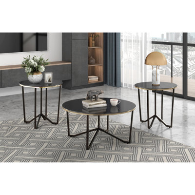 Table basse 3 pièces et tables de bout avec dessus en verre trempé noir et bases en métal pour les pieds de maison modernes