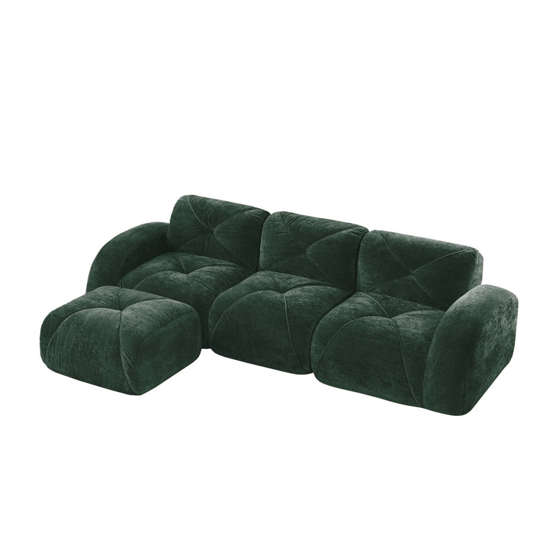 Adella L-Shaped Velvet Upholstered Sectional Sofa with Movable Ottoman, 29.9" H x 110.6" W x 67.3" D, Velvet - Green