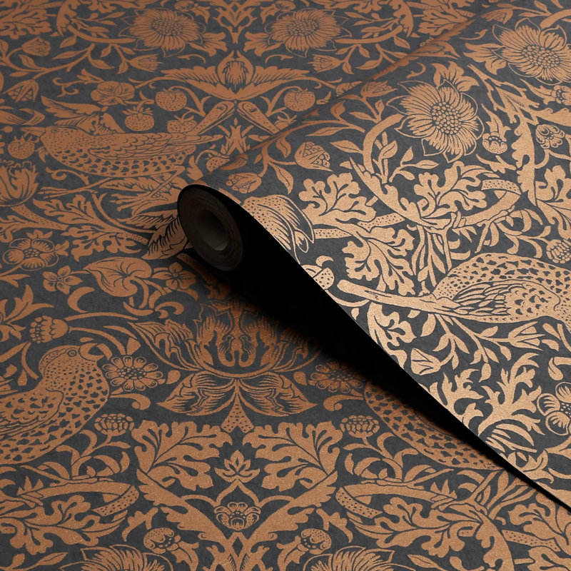 William Morris At Home Strawberry Thief Floral Wallpaper, Black