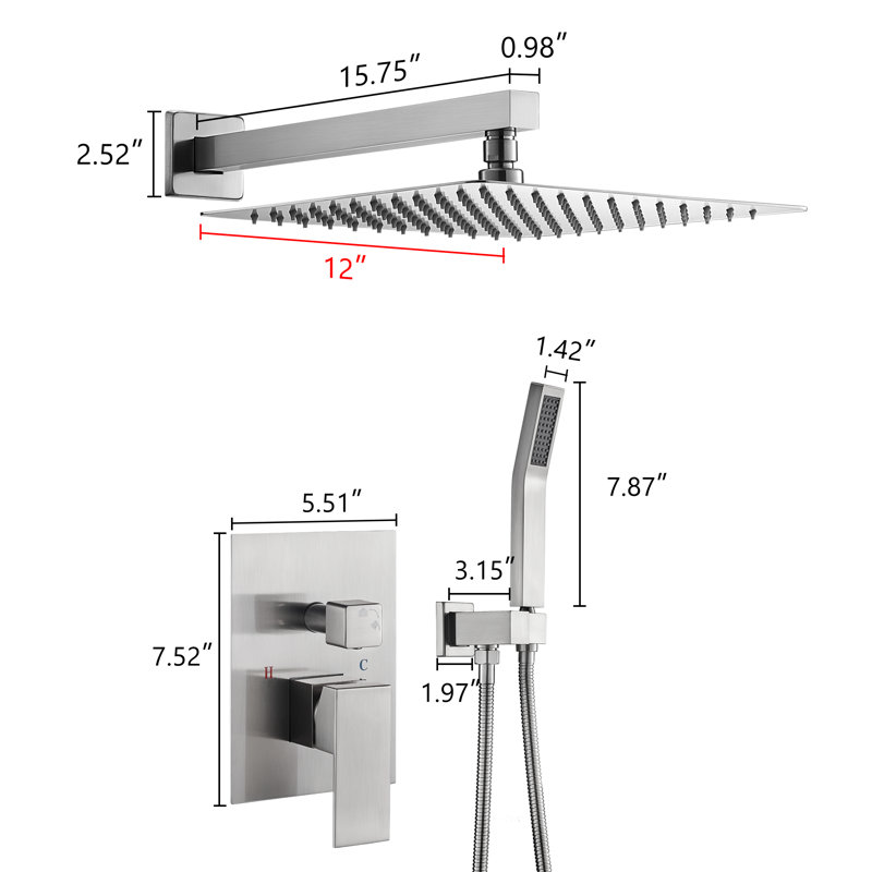 Complete 12" High Pressure Shower System with Rough in-Valve, Nickel Brushed