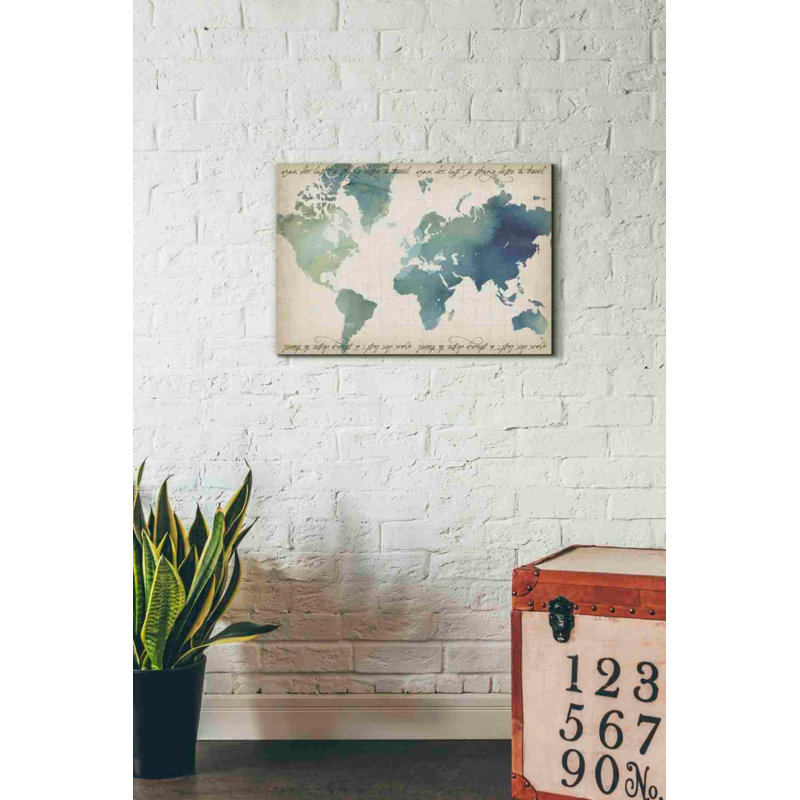 «Watercolor World Map» par Grace Popp, art mural sur toile «Longshore Tides», H 18 po x l 26 po x P 0,75 po