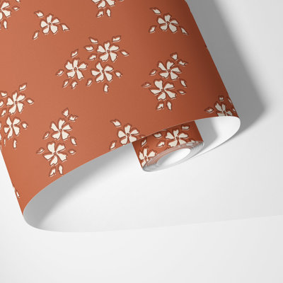 Terracotta Floral Wallpaper, 125"H x 25"W, Pre-pasted Paper