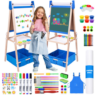 Joyooss Kids Wooden Art Easel, Double - Sided Chalkboard & Whiteboard Easel for Children with Paper Roll, Art Supplies Set, Storage Bins, JOY122 BLUE