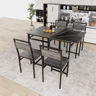 Extendable Dining Table Set with 4 Chairs, Industrial Rectangular Expandable Kitchen Table, Wood Grain Metal Frame Space Saving Dinner Furniture for S