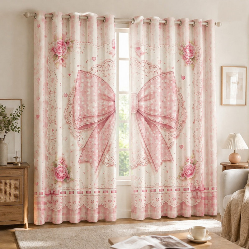 2 pièces de rideaux à motif d'arc rose, style mignon et doux, utilisation de la pièce, impression d'anneaux décoratifs, Kawaii pour chambre à coucher