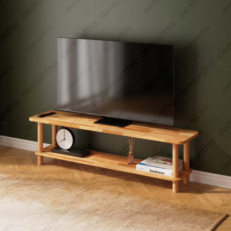 Meuble télé en bois massif Venice avec tablettes ouvertes, console multimédia à 2 niveaux, style minimaliste, 63"