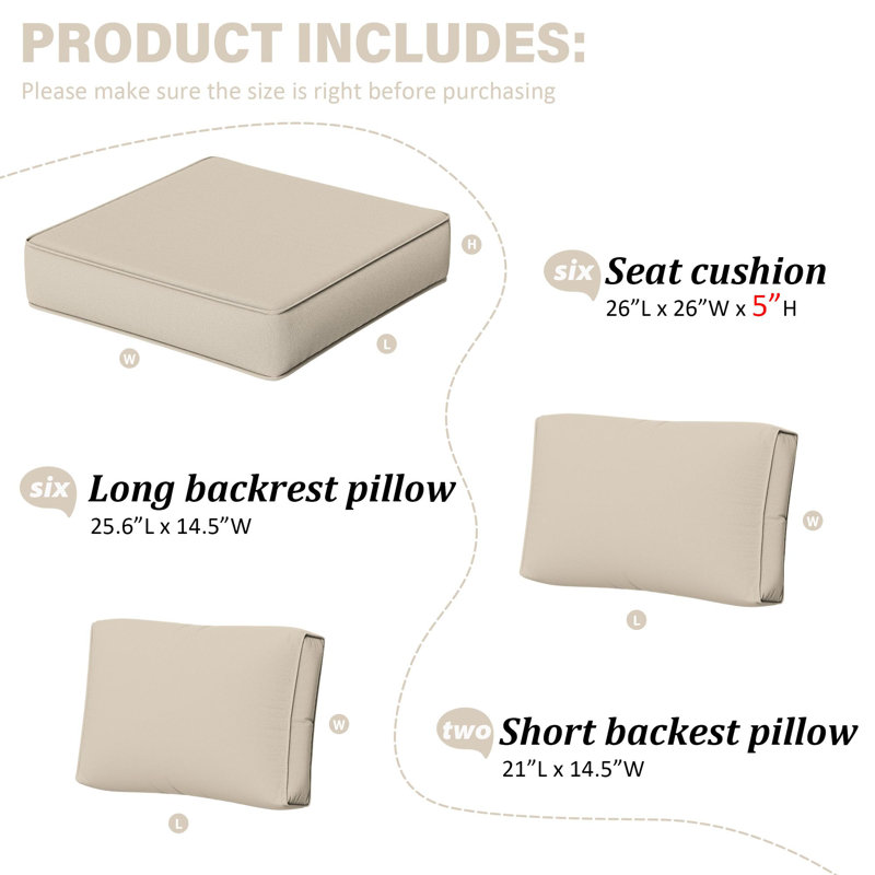 14-Piece Outdoor Replacement Cushion Set Seat/Back Cushion，26'' W X 26'' D，Only Cushions, Cream, 26" L x 26" W x 5" H