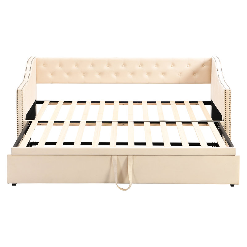 Lit de jour simple rembourré avec gigogne escamotable beige - contemporain et confortable sans sommier tapissier, Beige